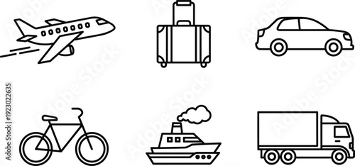 Various modes of transportation depicted in simple icons isolated on transparent background, Vector