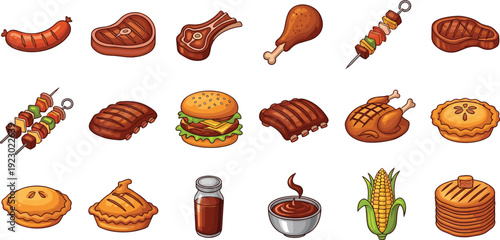 Delicious assortment of popular grilled and baked dishes and beverages isolated on transparent background, Vector