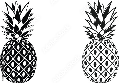 Two stylized black and white pineapples facing opposite directions side by side isolated on transparent background, Vector