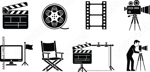 Iconic symbols representing various aspects of filmmaking and media production isolated on transparent background, Vector