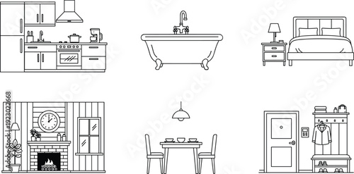 Modern minimalist interior design layouts for small living spaces and bedrooms isolated on transparent background, Vector