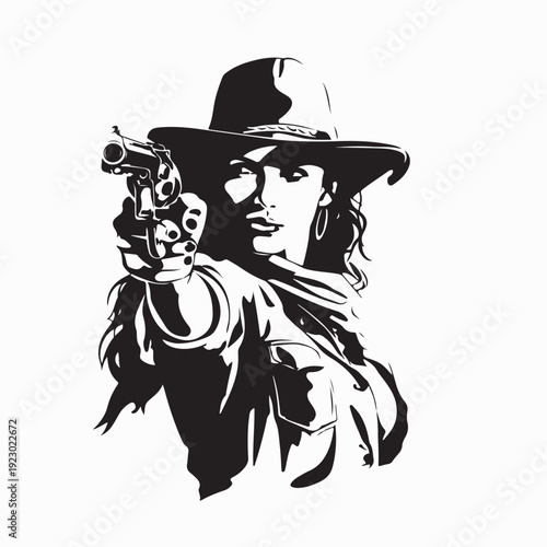 Emotional Cowgirl Pointing Gun Vector Illustration On White Background