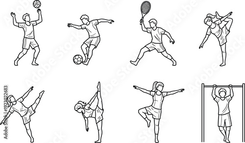 Illustrations of various volleyball and gymnastics dynamic body movements isolated on transparent background, Vector