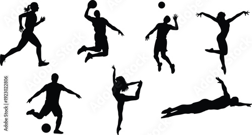 Dynamic silhouettes of athletes engaged in various ball sports activities isolated on transparent background, Vector