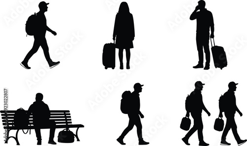 A collection of silhouettes depicting various people in transit with luggage. isolated on transparent background, Vector