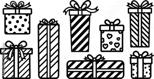 Hand Drawn Stacked Gift Boxes with Bows and Decorative Patterns Black Outline Illustration Set