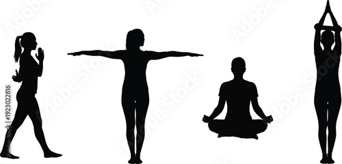 Four distinct yoga poses illustrated in a simple black and white silhouette style isolated on transparent background, Vector