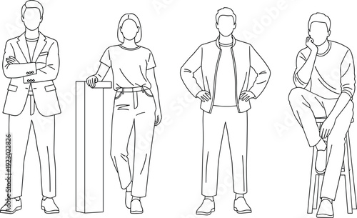 Four distinct elderly individuals demonstrating different postures and mobility aids isolated on transparent background, Vector