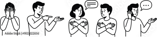 A series of characters depicting various reactions to a conversation or announcement isolated on transparent background, Vector