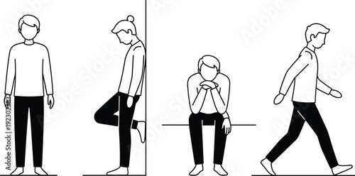 Illustration of human postures and movements in a sequence isolated on transparent background, Vector