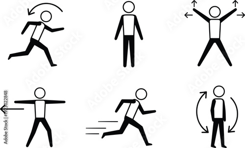 Illustrations of basic human movements and arm stretches in a simple icon style isolated on transparent background, Vector