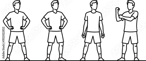 Sequence of soccer players demonstrating different stances and gestures on the field isolated on transparent background, Vector