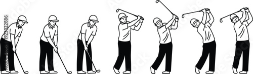 A sequence of golf swing positions demonstrated in a step-by-step illustration isolated on transparent background, Vector