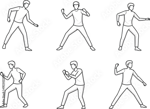 Six distinct karate stances demonstrating basic fighting techniques and body movements isolated on transparent background, Vector