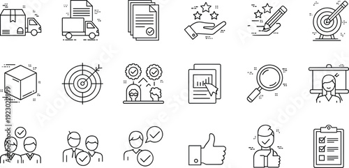 Collection of icons representing various business, education, and communication activities isolated on transparent background, Vector