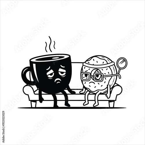 Sad coffee cup and donut characters sitting on a sofa unhappy