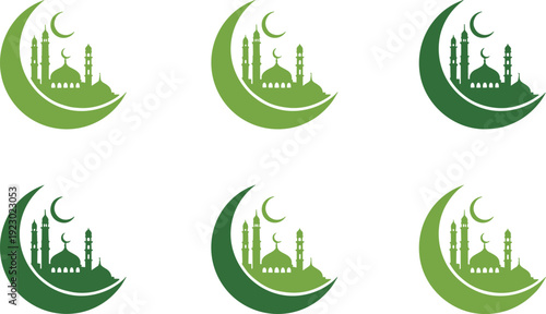 Set of six crescent moon icons with bar chart graphics inside each one isolated on transparent background, Vector