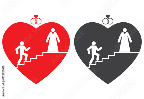 man climp stairs up to woman for marriage in heart shape icon
