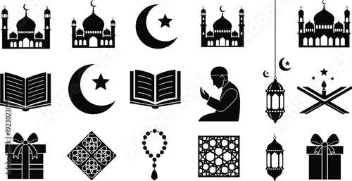 Icon set representing various symbols associated with eid al-fitr celebration isolated on transparent background, Vector
