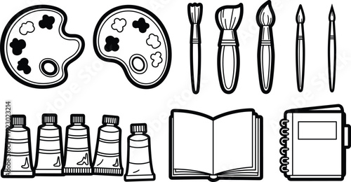 Black and White Hand Drawn Artist Supply Icon Set with Palette, Brushes, Paint Tubes and Open Sketchbook
