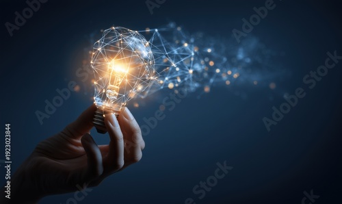 Wallpaper Mural hand holding a light bulb with glowing digital connections on a dark blue background, symbolizing innovation and technology in a business concept design Generative AI Torontodigital.ca