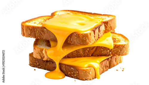 Stack of toasted bread slices with melted, bright yellow cheese oozing down the side
