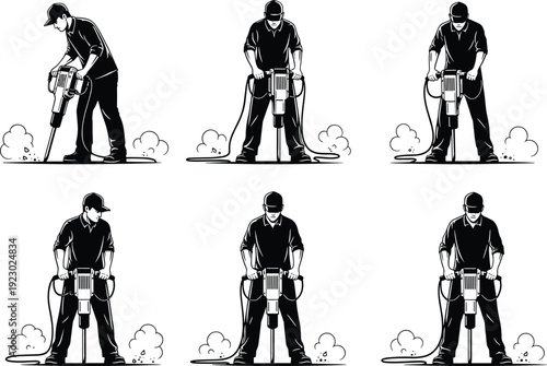 Construction worker vector illustration set, male laborers using jackhammers for road repair, industrial building maintenance icons isolated on white background.