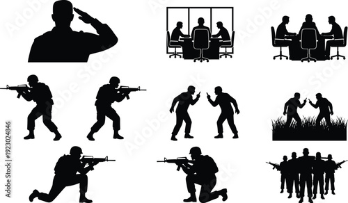 Military soldier silhouettes vector collection featuring saluting officer, infantry in combat poses, tactical meeting, and armed army team for defense.