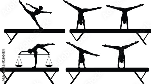 Black silhouette vector collection of gymnasts performing on balance beams, female athletes in artistic gymnastics poses for sports and fitness.