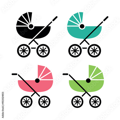 A set of colorful baby stroller icons on white