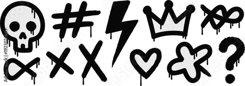 Graffiti Style Icons Including Skull, Hashtag, Lightning Bolt, Crown, Heart, and Question Mark