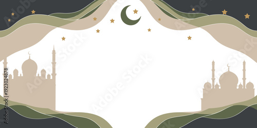 Islamic Mosque Silhouettes with Wavy Background and Stars for Ramadan minaret dome