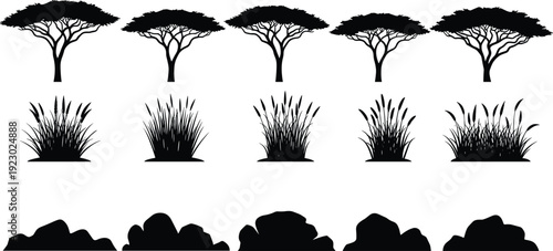 Black silhouette vector set of African savanna trees, wild grass bushes, and rock formations, nature landscape elements for outdoors design.