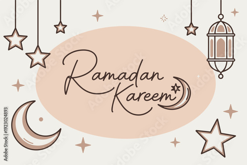 Ramadan Kareem Greeting with Hand- Drawn Style Lanterns Stars and Moon calligraphy hand-drawn