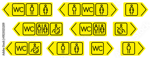 Restroom signage on yellow background. Vector navigation icon set with arrows showing male, female and accessible toilet symbols, designed for high visibility wayfinding and public signage systems.