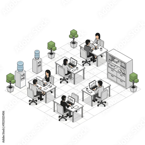 Isometric office interior with people working at desks.