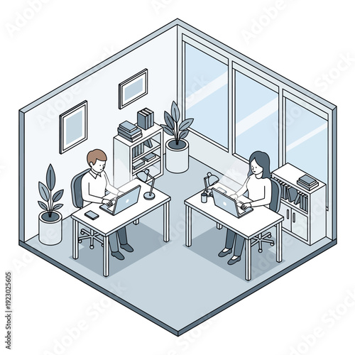 Two people working on laptops in a modern office setting.