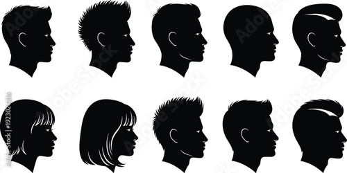 Set of male and female head silhouettes with different hairstyles, barber shop hair cut icons, salon profile portraits, grooming fashion vectors.