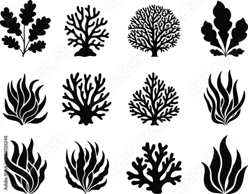 Collection of black coral reef and seaweed silhouettes, underwater ocean plants set, marine botanical flora icons, aquatic vegetation for graphic design.