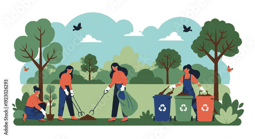 People cleaning park with recycling bins and trash bags on a sunny day outdoors