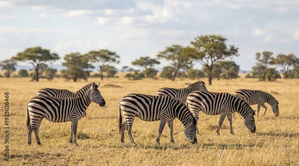 Fototapeta premium A group of zebras grazing in a savannah with trees in the background under a cloudy sky