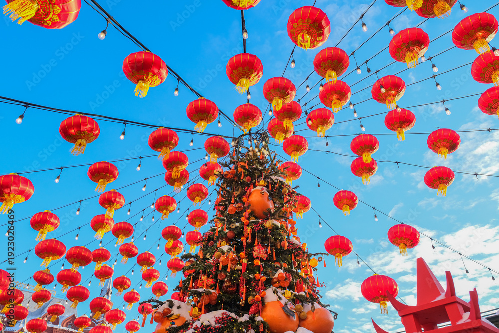 Fototapeta premium Chinese new year in Moscow, Chinese decorations for the new year, Chinese dragon, Chinese Christmas tree, New Year, China, Chinese culture, panda