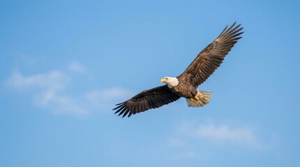 A majestic bald eagle soaring through a clear blue sky with outstretched wings