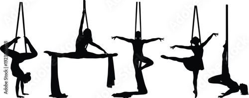 Aerial Yoga and Silk Dance Silhouettes Collection with Athletes Performing Acrobatic Poses, Graceful Gymnastics, and Artistic Fitness Exercises on Fabric.