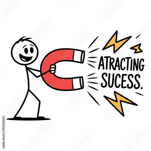A cartoon man holding a magnet attracting success