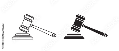 A simple vector illustration of a white gavel striking a sound block  presented as a clean line image on a transparent background.