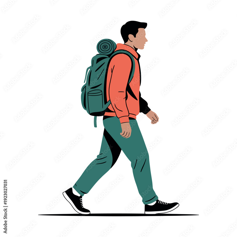 Fototapeta premium A young man walking with a backpack on his back