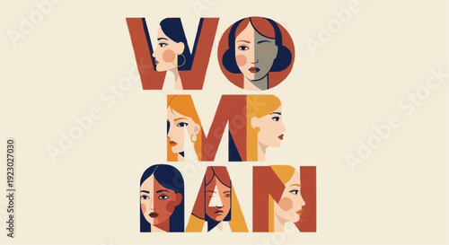 Diverse women faces in creative typography design colorful illustration for equality and empowerment concepts