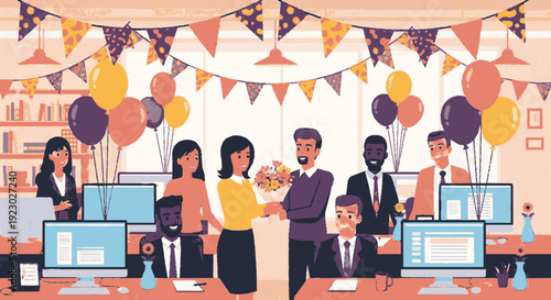 Colleagues celebrate birthday with balloons and bunting in modern office space