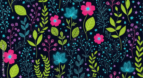 Vibrant floral pattern with pink blue and green flowers on a dark background perfect for design and decoration